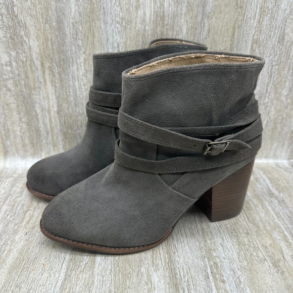 Splendid Laventa Booties Womens 9.5 Strappy Ankle Boots Gray‎ Suede Block Heel - Picture 1 of 11